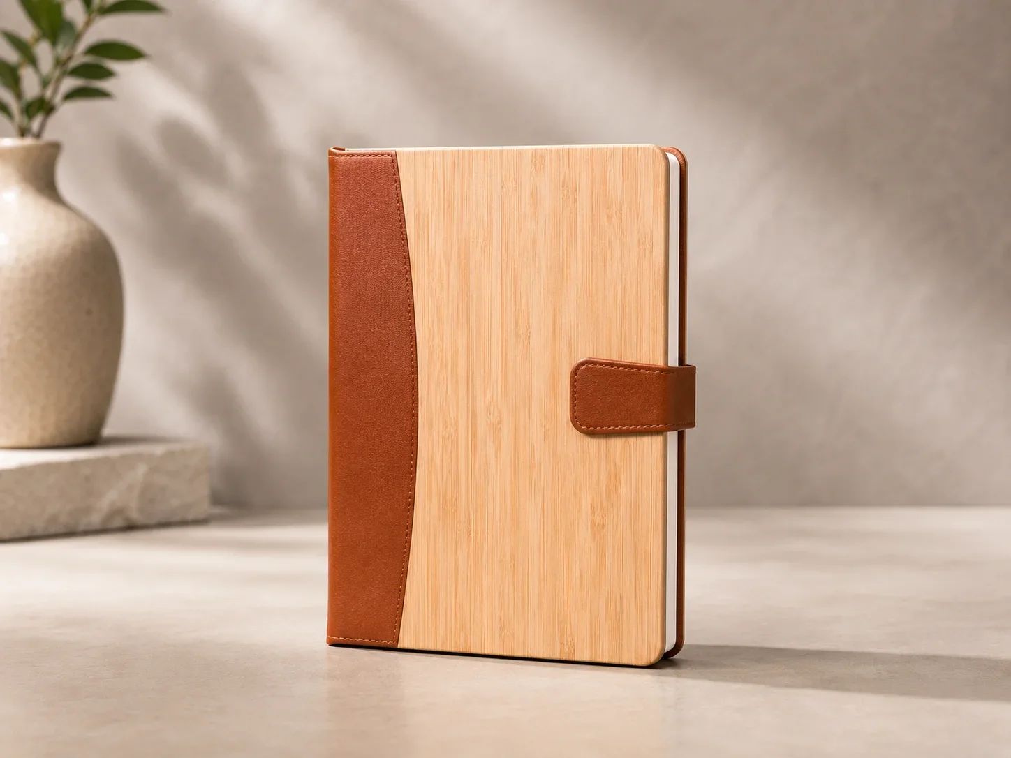 Bamboo Wood and Tan Leatherette Combination Journal with Magnetic Clasp