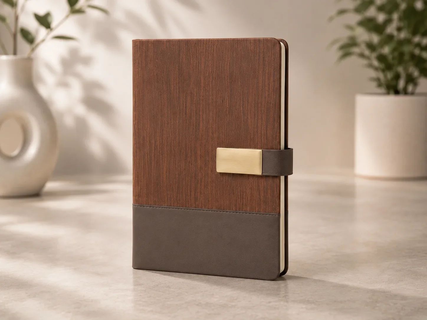Dark Walnut Wood Finish and Espresso Leatherette Journal with Gold Clasp