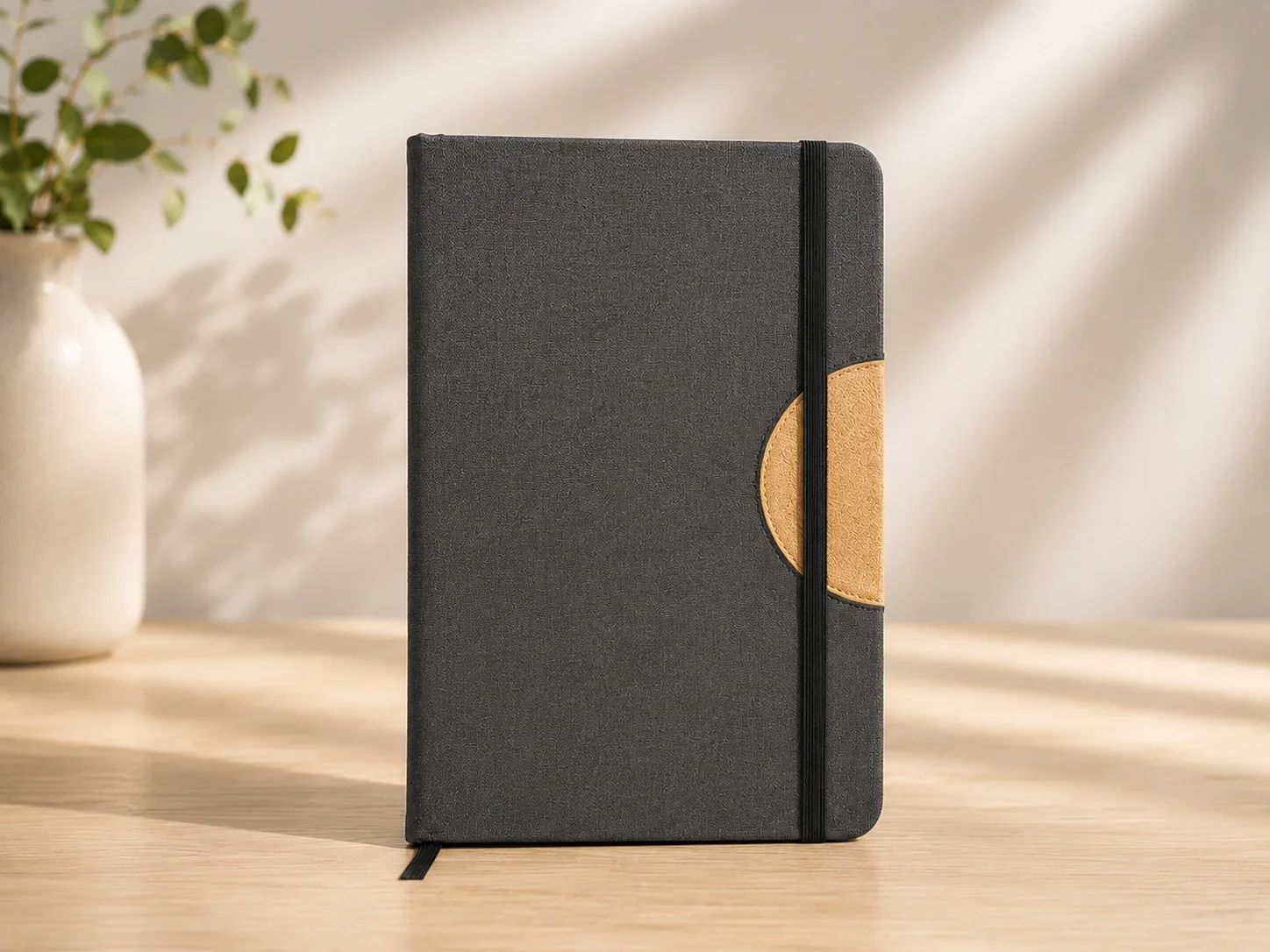 Charcoal Grey Fabric Journal with Tan Semi-Circle Accent and Elastic Closure