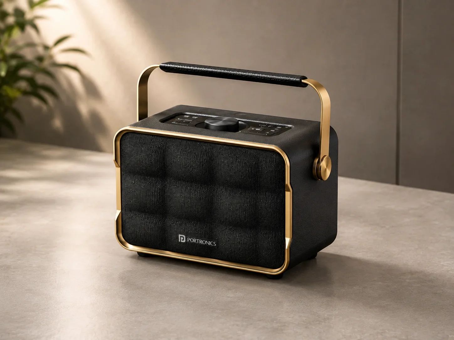 Portronics Vintage Style Wireless Speaker with Gold Frame & Leatherette Handle