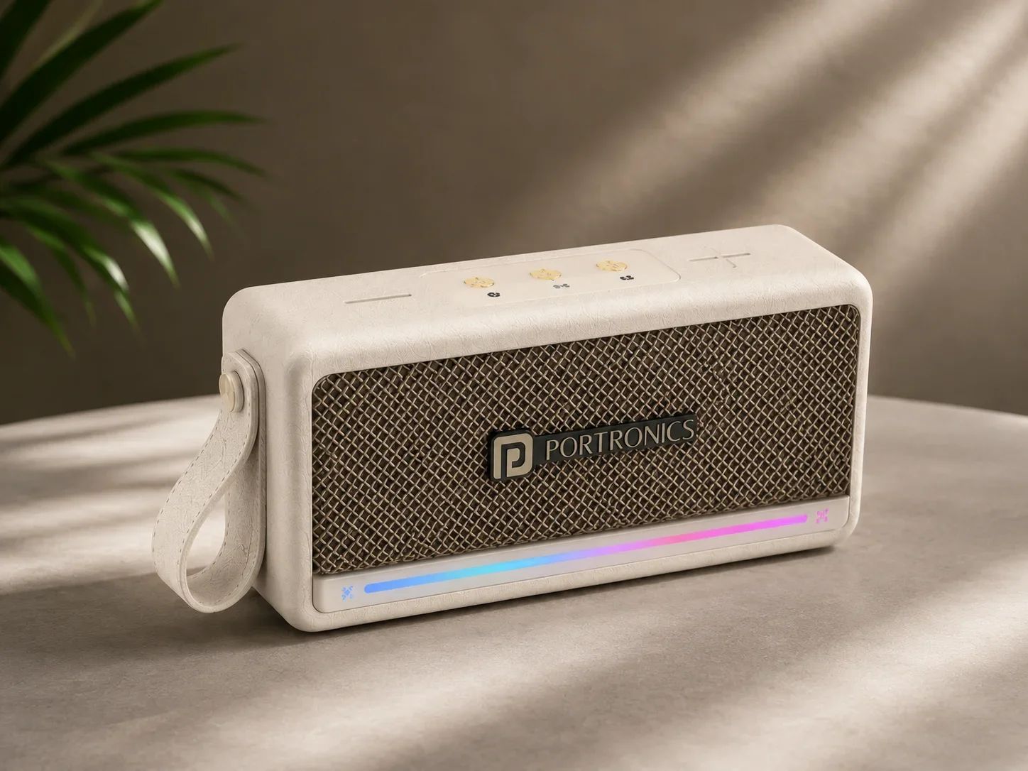 Portronics Textured White Wireless Speaker with Woven Grille & Ambient Light Bar
