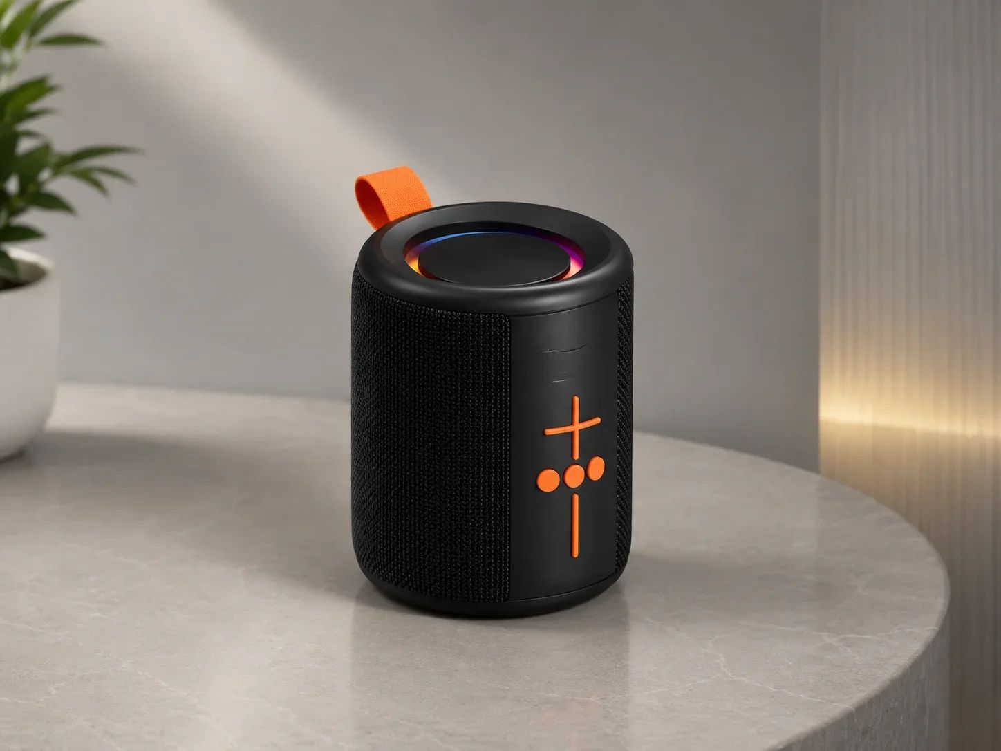 Compact Outdoor Bluetooth Speaker with Vibrant Orange Controls & RGB Ring