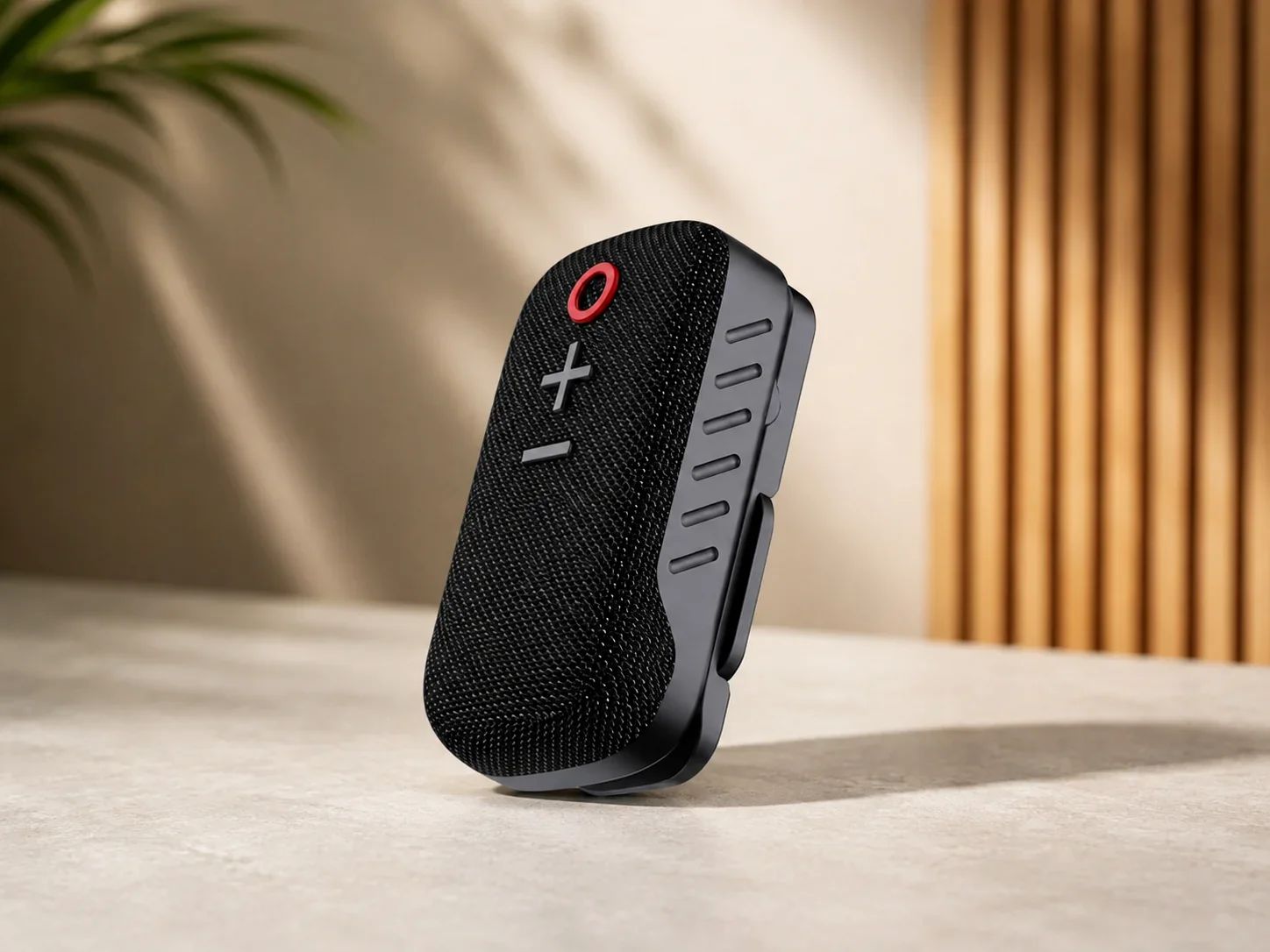 Portable Pocket Bluetooth Speaker with Red Accent Ring & Integrated Back Clip