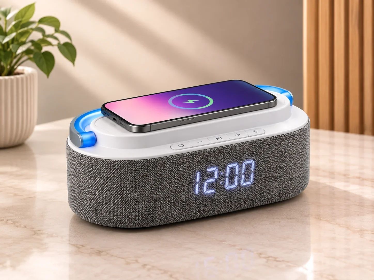 Multifunctional Desktop Wireless Charger Speaker with LED Clock & Handle Light