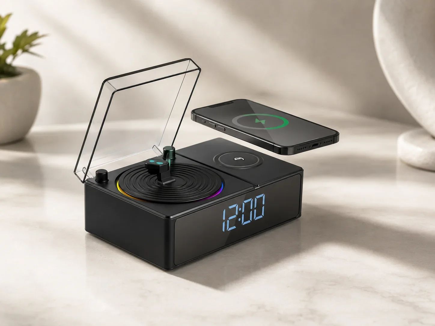 Retro Gramophone Style Wireless Charging Desk Clock & TWS Earbud Station
