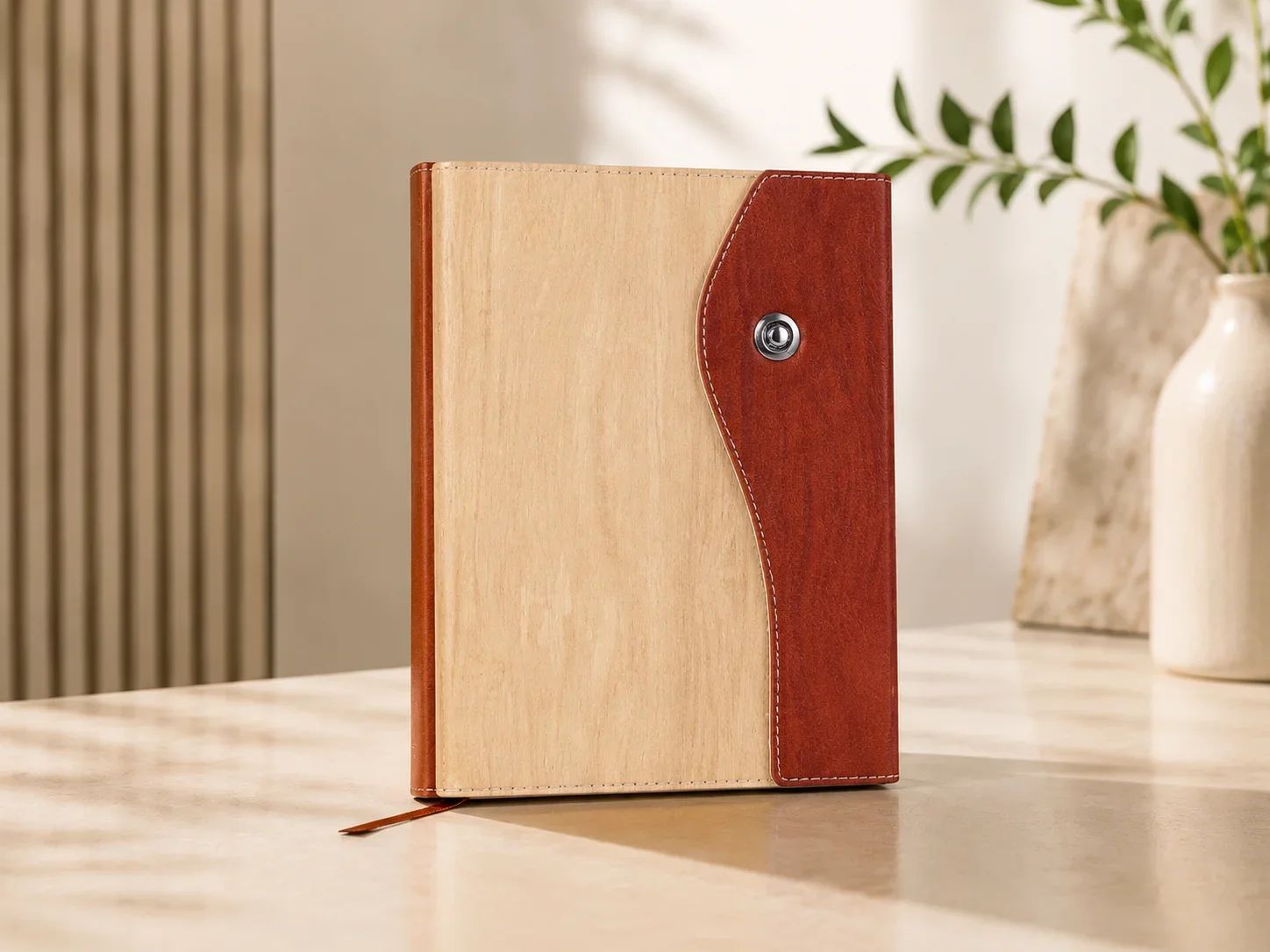 Light Birch Wood and Terracotta Leatherette Dual-Tone Journal with Snap Closure