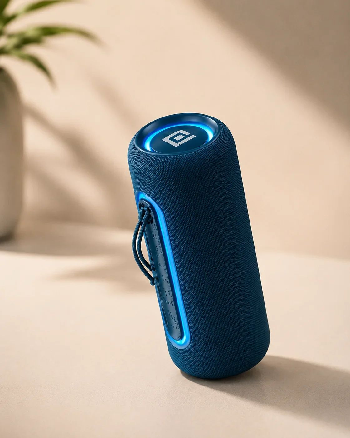 Ocean Blue Pill-Shaped Bluetooth Speaker with Dual LED Light Rings & Lanyard
