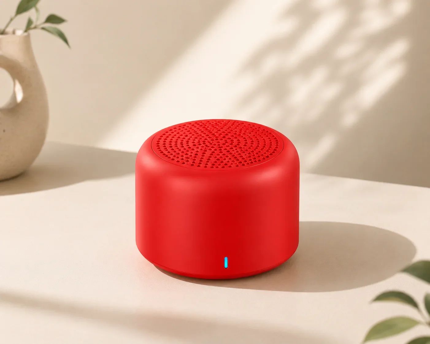 Vibrant Red Circular Mini Bluetooth Speaker with Top Perforated Grille