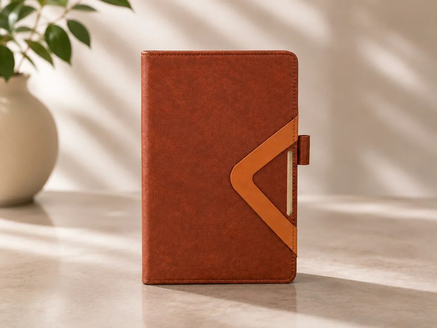 Chestnut Brown Faux Leather Executive Journal with Chevron Accent & Pen Loop