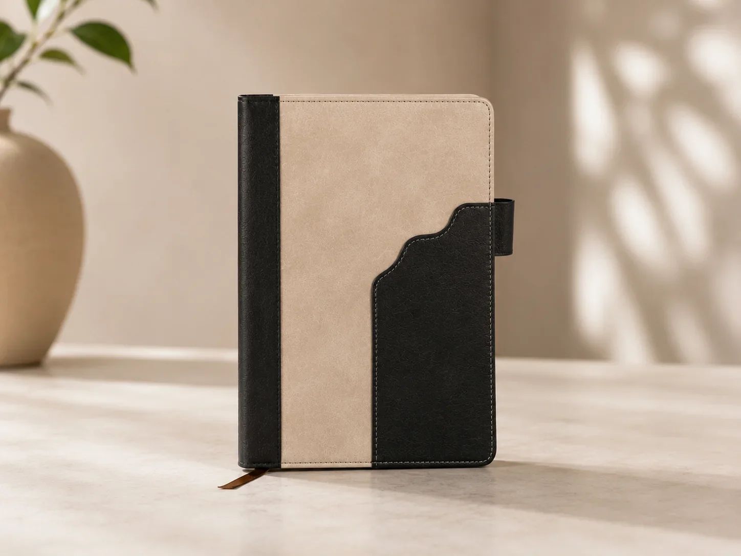 Cream & Black Two-Tone Leatherette Executive Journal with Pen Loop