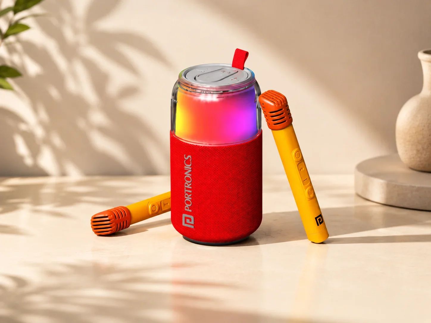 Portronics Talk Six Can-Shaped Portable Bluetooth Speaker with Dual Wireless Mics – Crimson Red