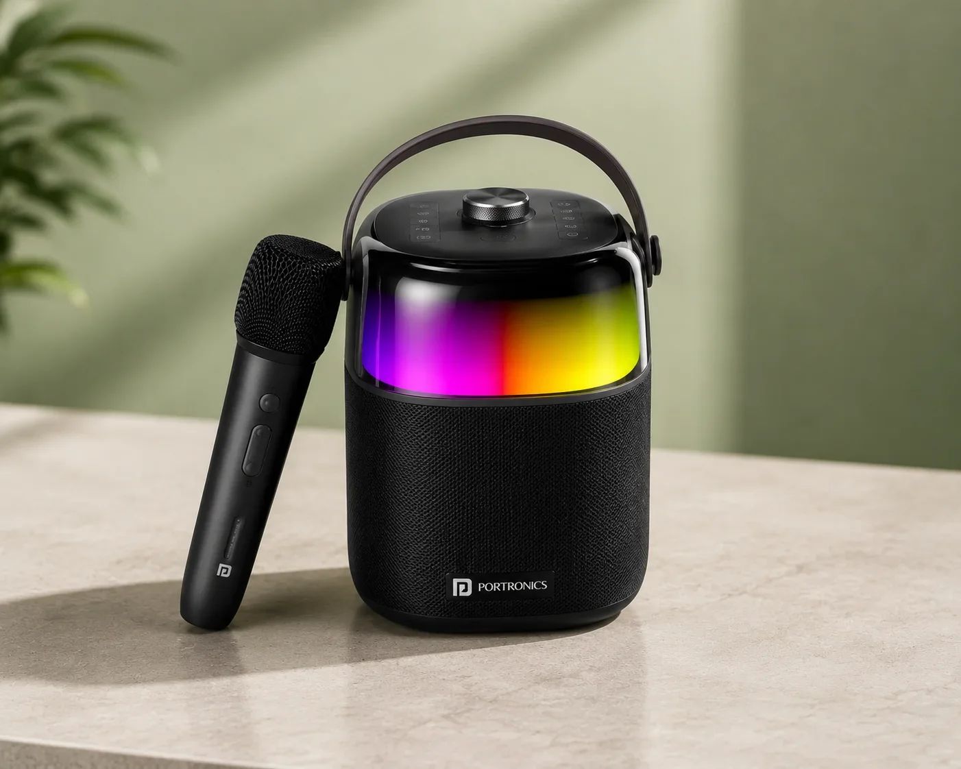 Portronics Cylindrical LED Karaoke Speaker with Wireless Mic & Carry Handle