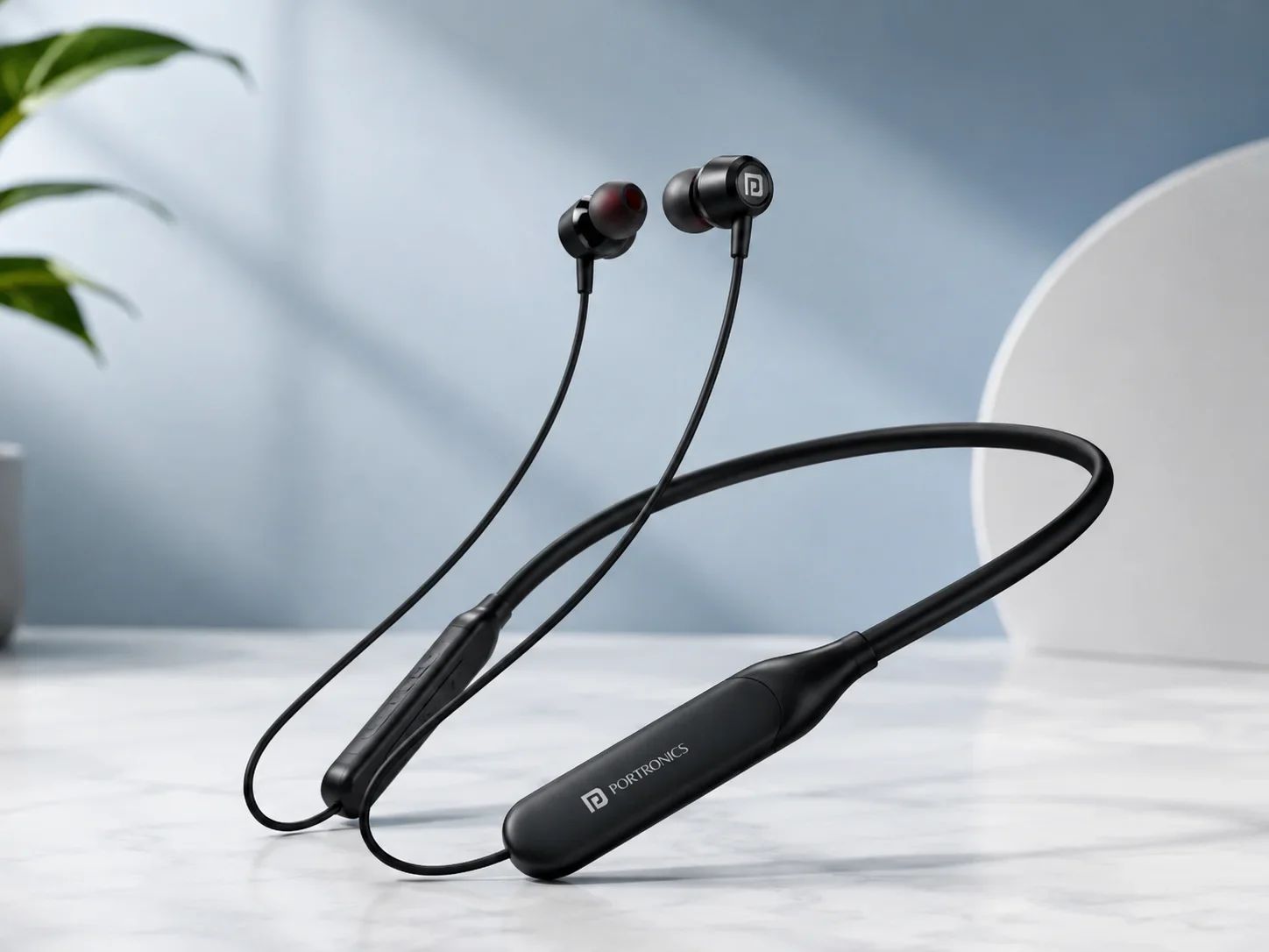 Portronics All-Black Wireless Neckband Earphones with Red Accents for Corporate Gifting