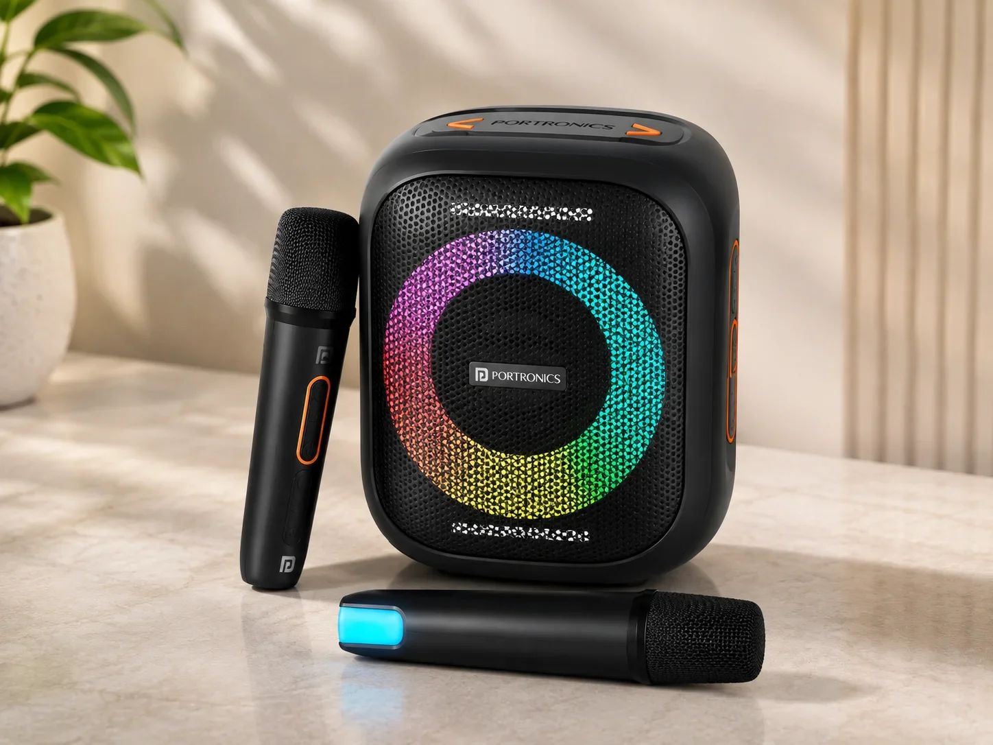 Portronics Portable Karaoke Speaker System with Dual Wireless Mics & Orange Accents