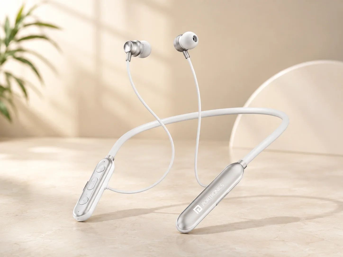 Portronics Elegant Metallic Silver & White Wireless Neckband for Corporate Gifting