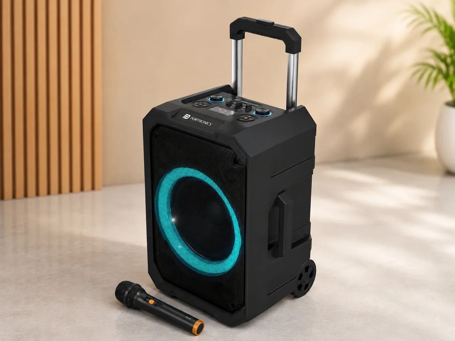 Portronics Trolley Party Speaker with Retractable Handle & Wireless Mic