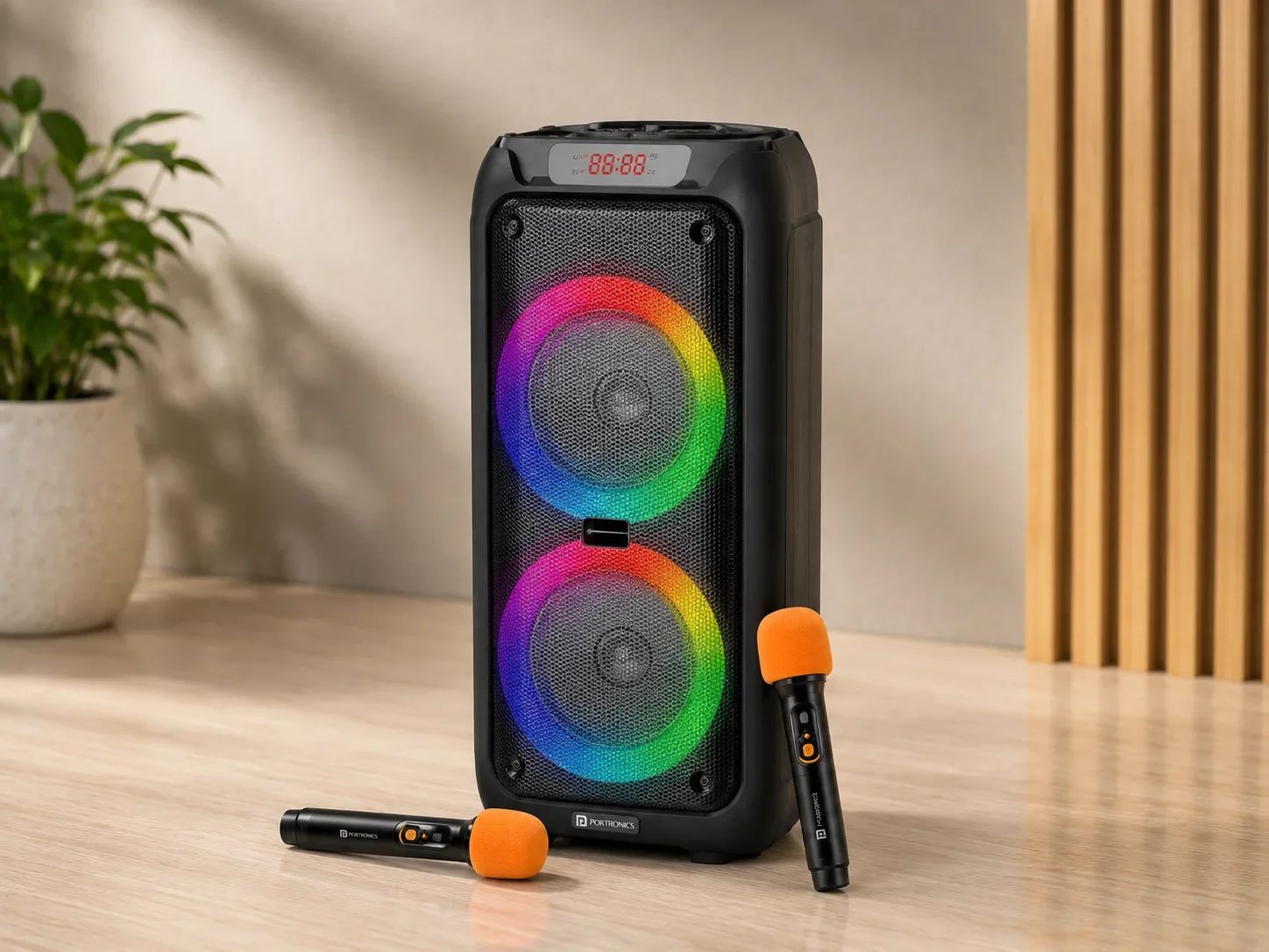 Portronics Dual Woofer Party Speaker with Digital Display & Dual Wireless Mics