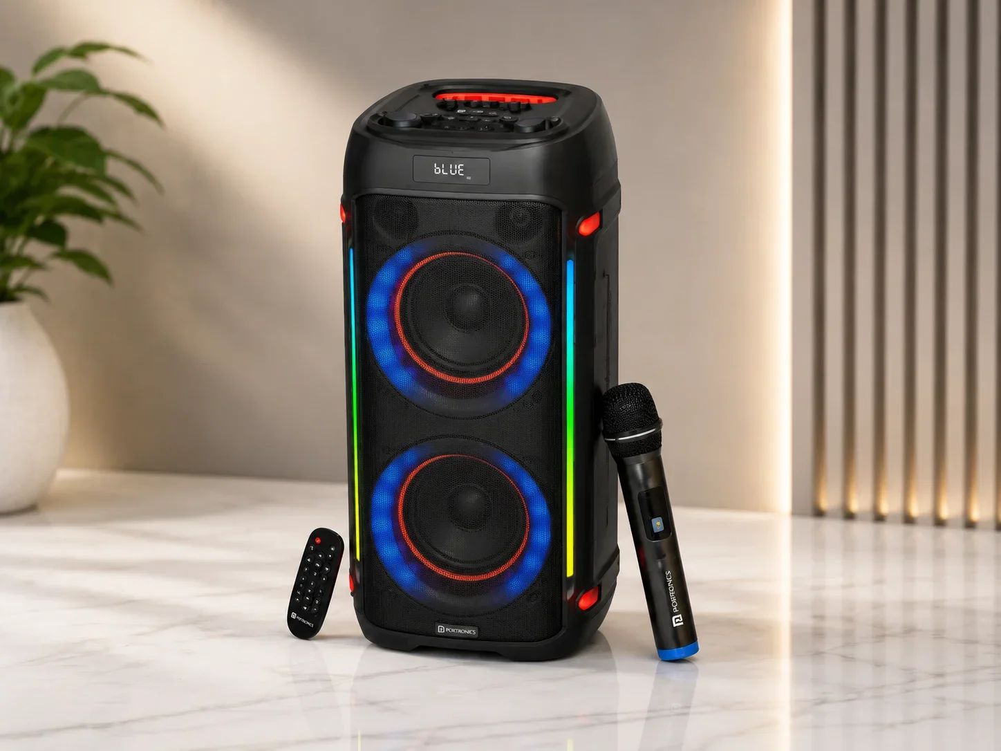 Portronics Dual-Woofer Party Speaker with RGB Halo Lights, Wireless Mic & Remote for Corporate Gifting
