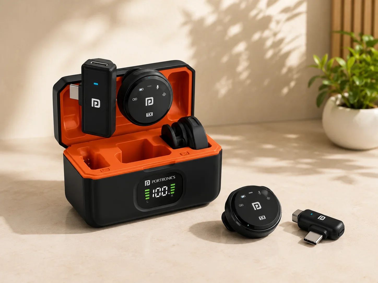 Portronics Professional Wireless Dual Button Mic System with Digital Display Charging Case for Corporate Gifting