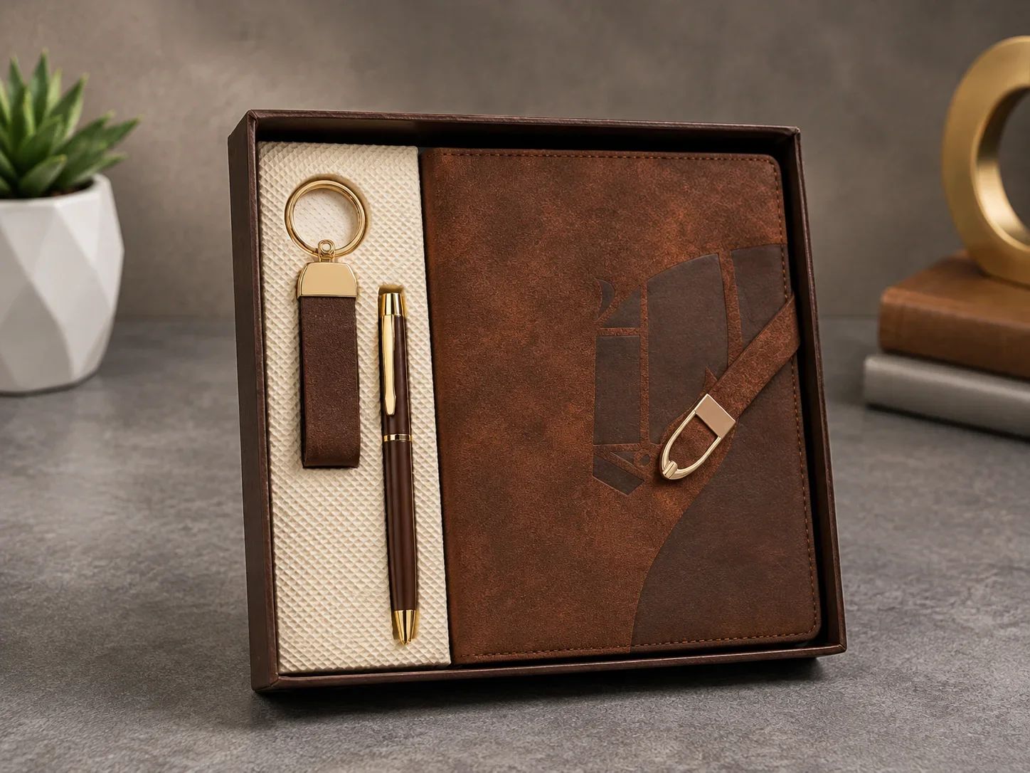 Executive Brown Leatherette Notebook Gift Set with Pen and Keychain