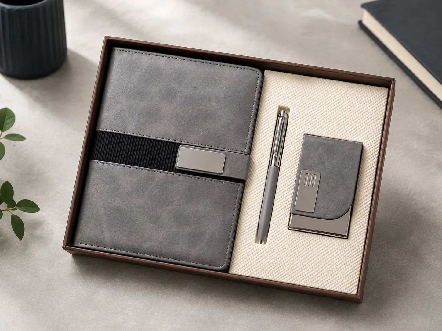 Modern Grey Leatherette Notebook, Pen, and Business Card Holder Combo