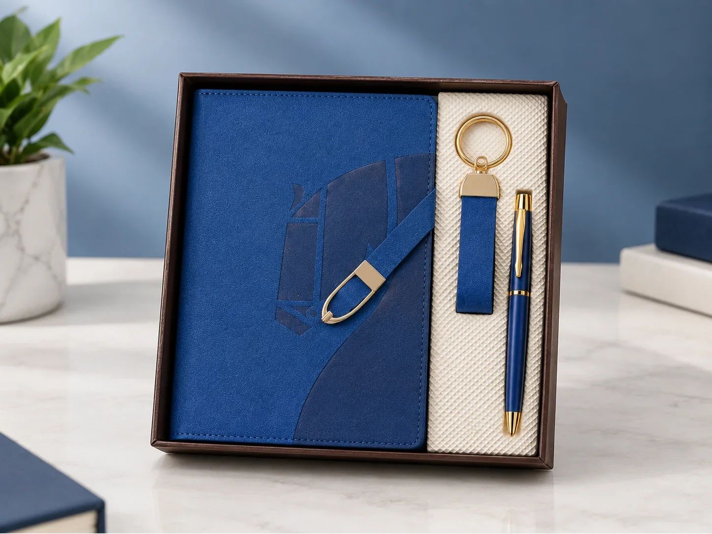 Vibrant Blue Leatherette Notebook Gift Set with Matching Pen & Keyring