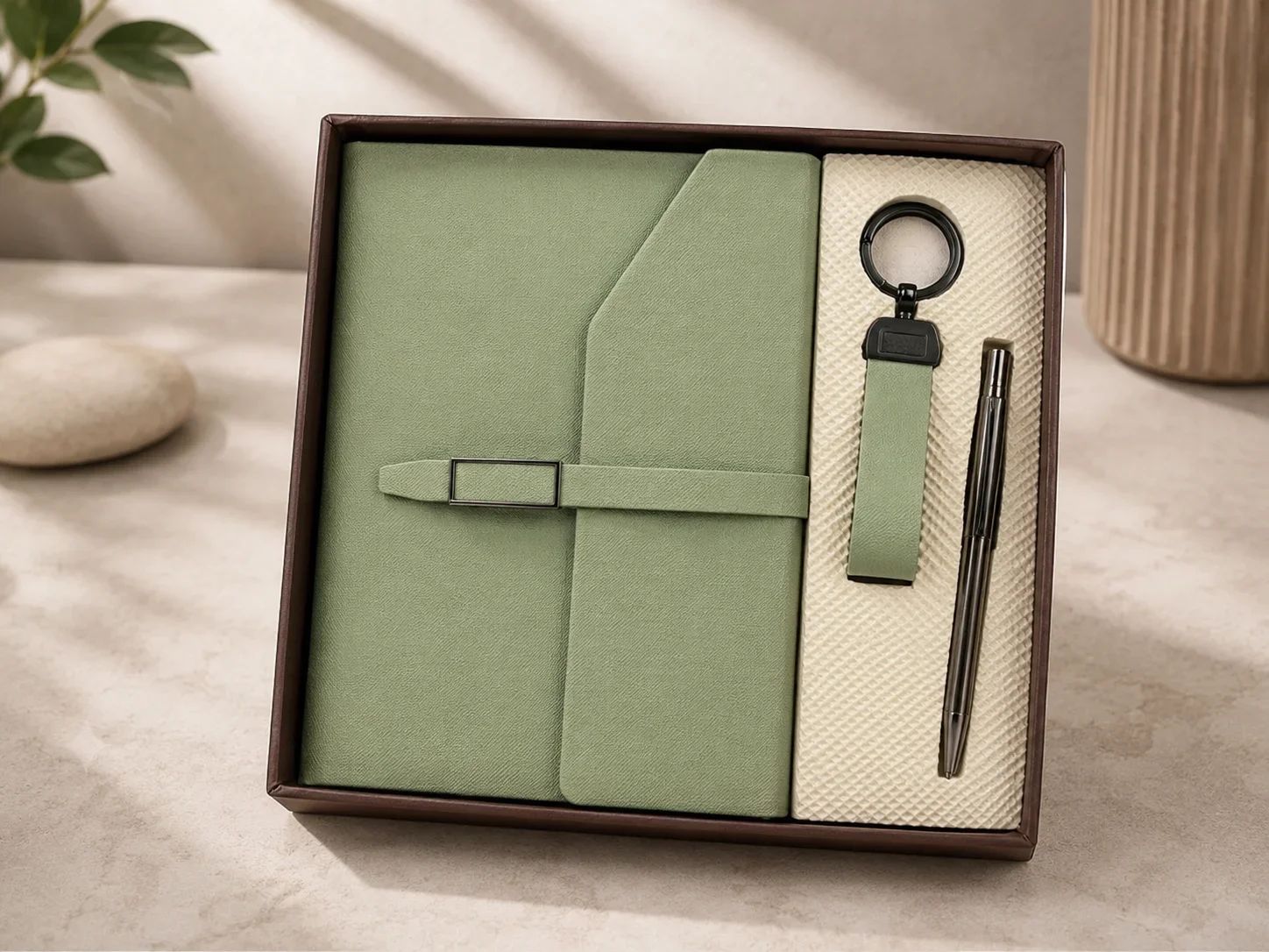 Olive Green Leatherette Notebook Gift Set with Pen and Keychain