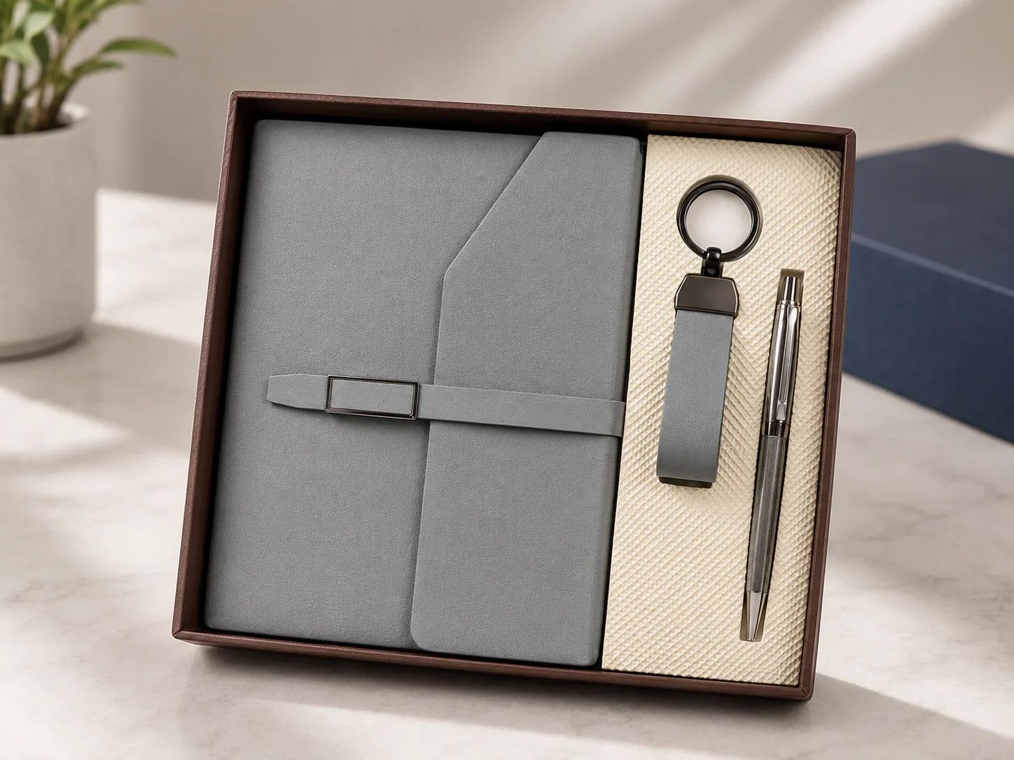 Classic Slate Grey Leatherette Notebook Set with Pen and Keychain