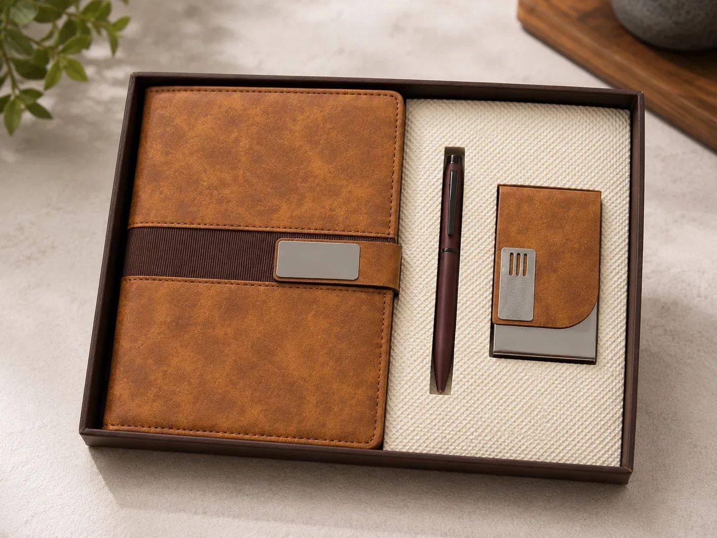 Tan Leatherette Notebook, Pen, and Card Holder Executive Gift Set