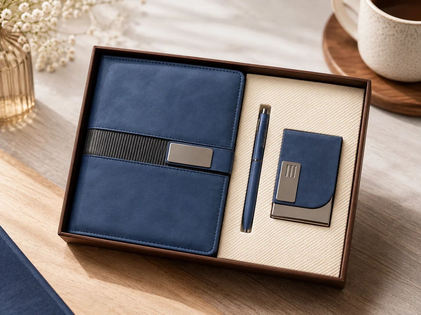 Navy Blue Leatherette Notebook, Pen, and Visiting Card Holder Gift Set