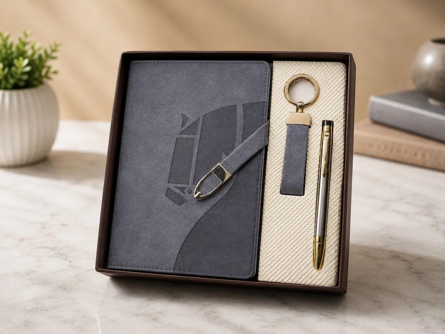 Charcoal Grey Leatherette Notebook Gift Combo with Metal Pen and Keyring