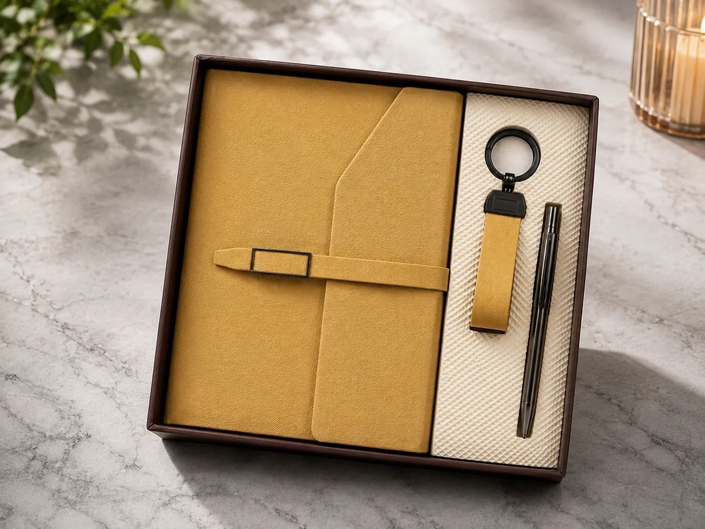 Mustard Yellow Leatherette Notebook Set with Pen and Keychain