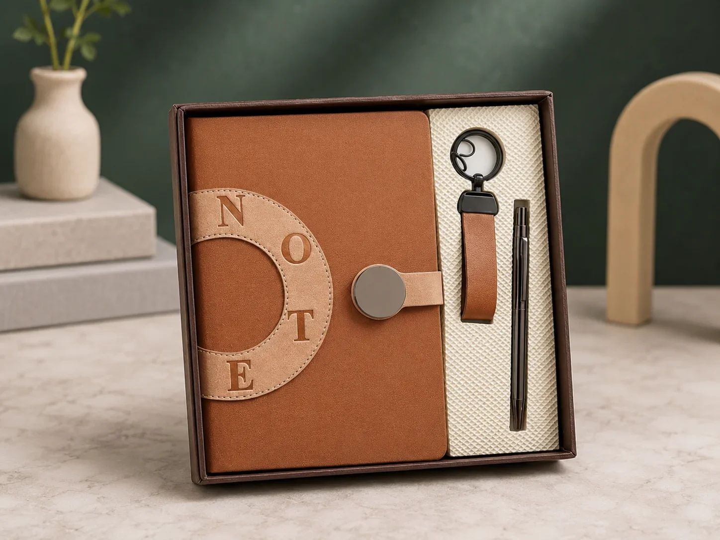 Chestnut Brown Lettered Leatherette Notebook Gift Set with Pen and Keychain