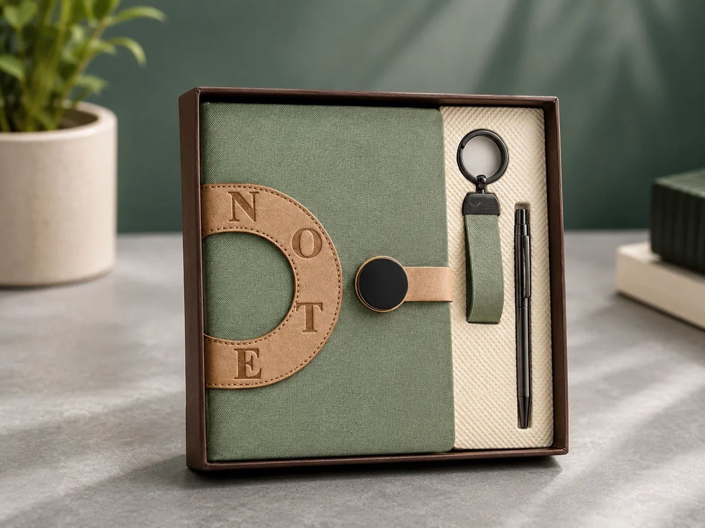 Sage Green Dual-Tone Lettered Notebook Set with Pen and Keychain