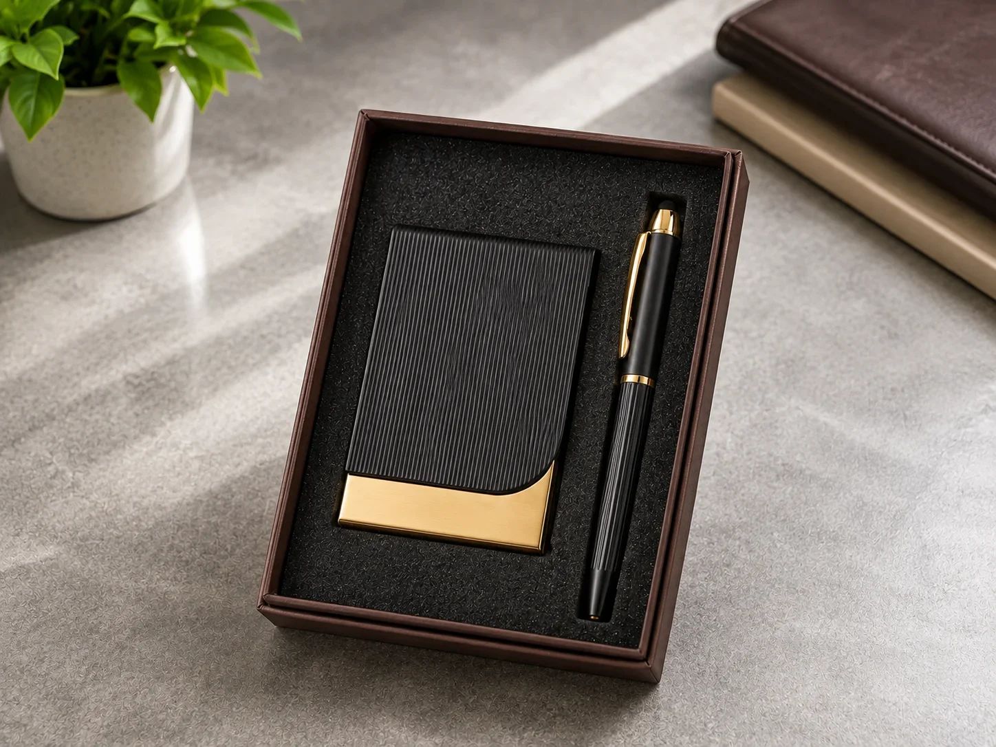 Black and Gold Textured Business Card Holder & Rollerball Pen Gift Set