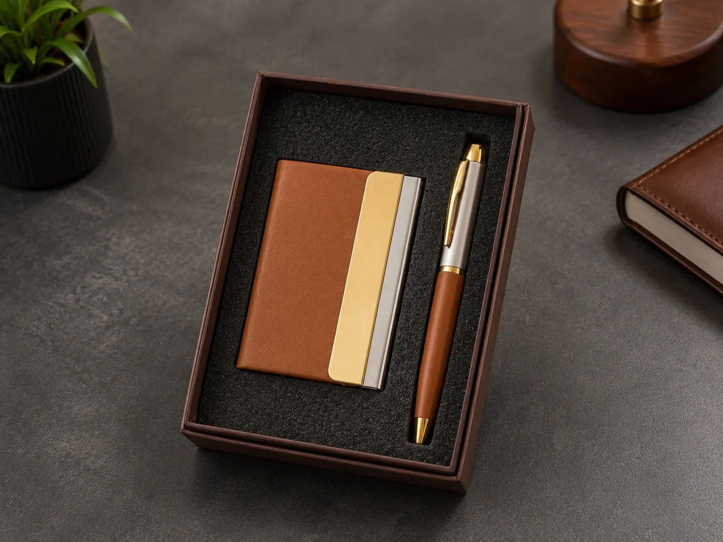 Classic Tan Leatherette Business Card Holder & Matching Pen Set