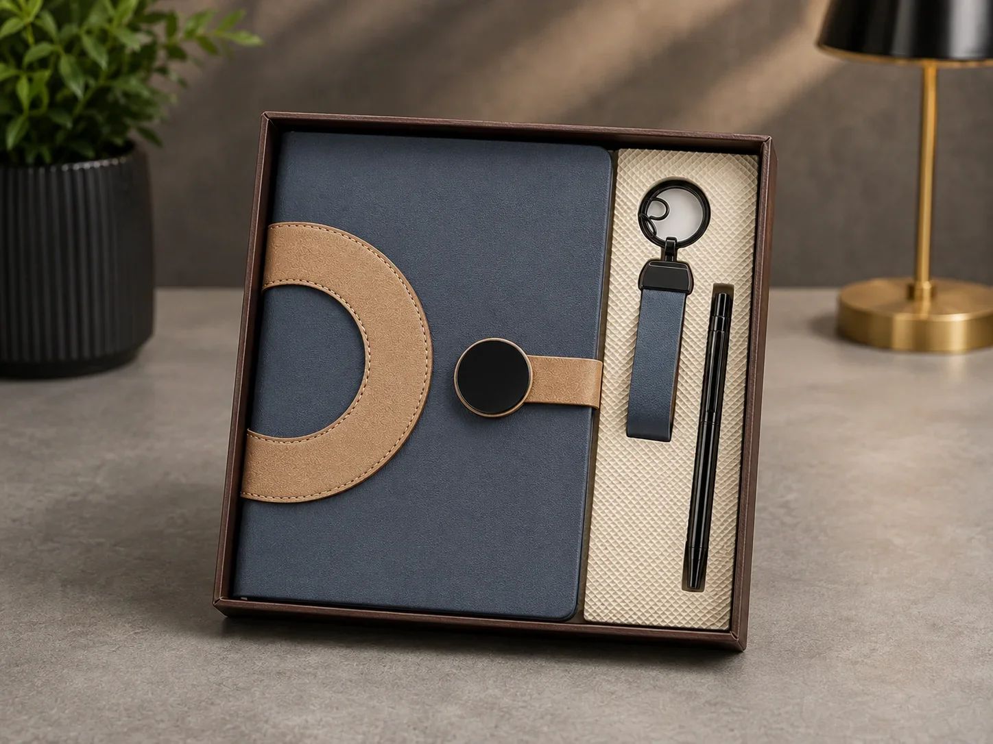 Navy Blue and Tan Dual-Patch Leatherette Notebook Gift Set with Pen and Keychain