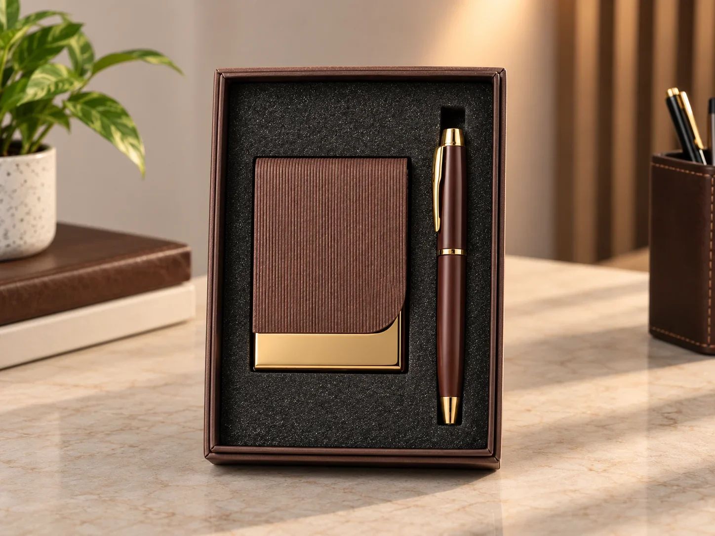 Dark Brown Textured Business Card Holder and Metal Pen Gift Set