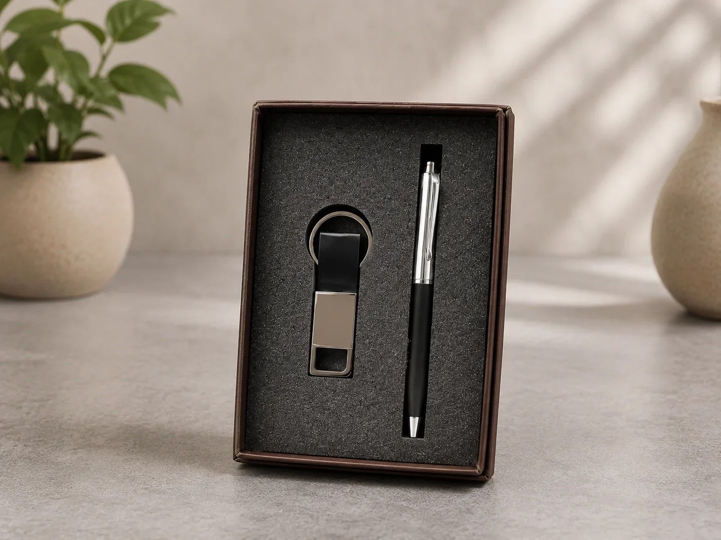 Metallic Black Pen and Leatherette Keychain 2-in-1 Executive Gift Set