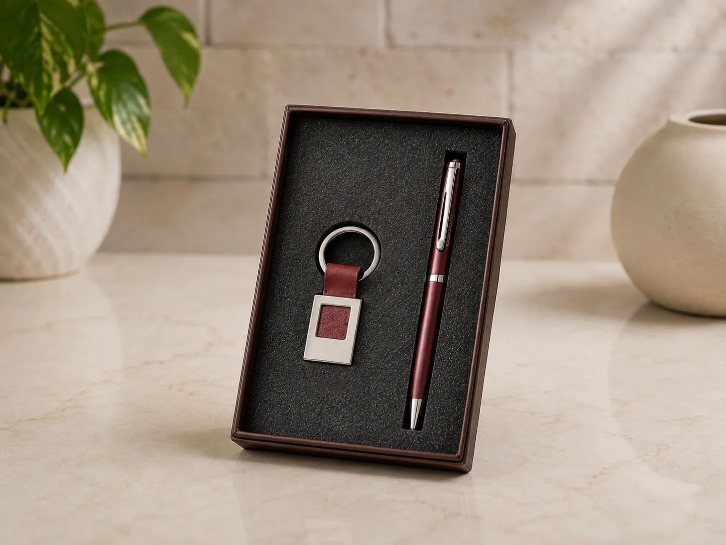 Maroon Metal Pen and Leatherette Keychain Executive Gift Combo