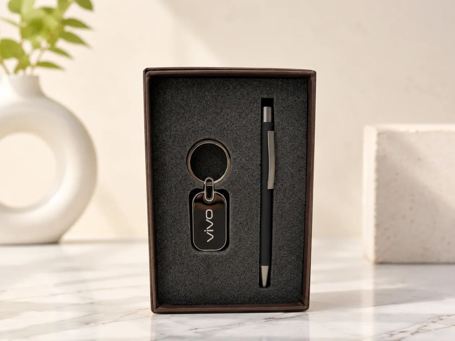 Metallic Gunmetal Pen and Custom Engraved Keyring 2-in-1 Gift Set