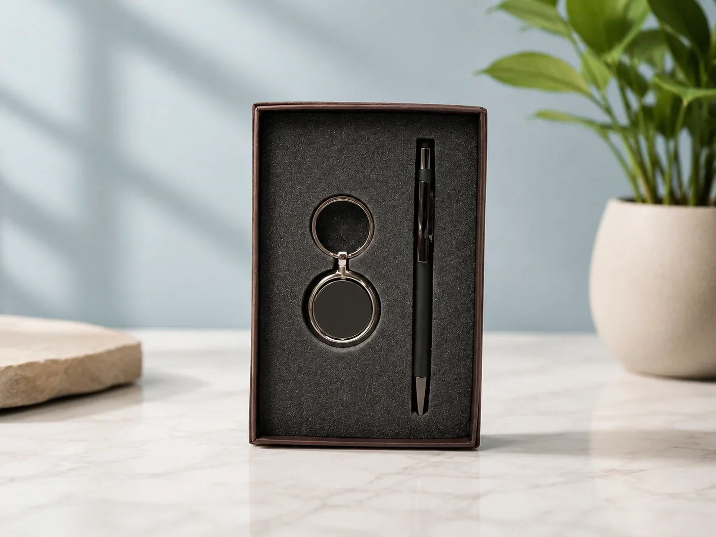 Metallic All-Black Pen and Circular Keychain 2-in-1 Executive Set