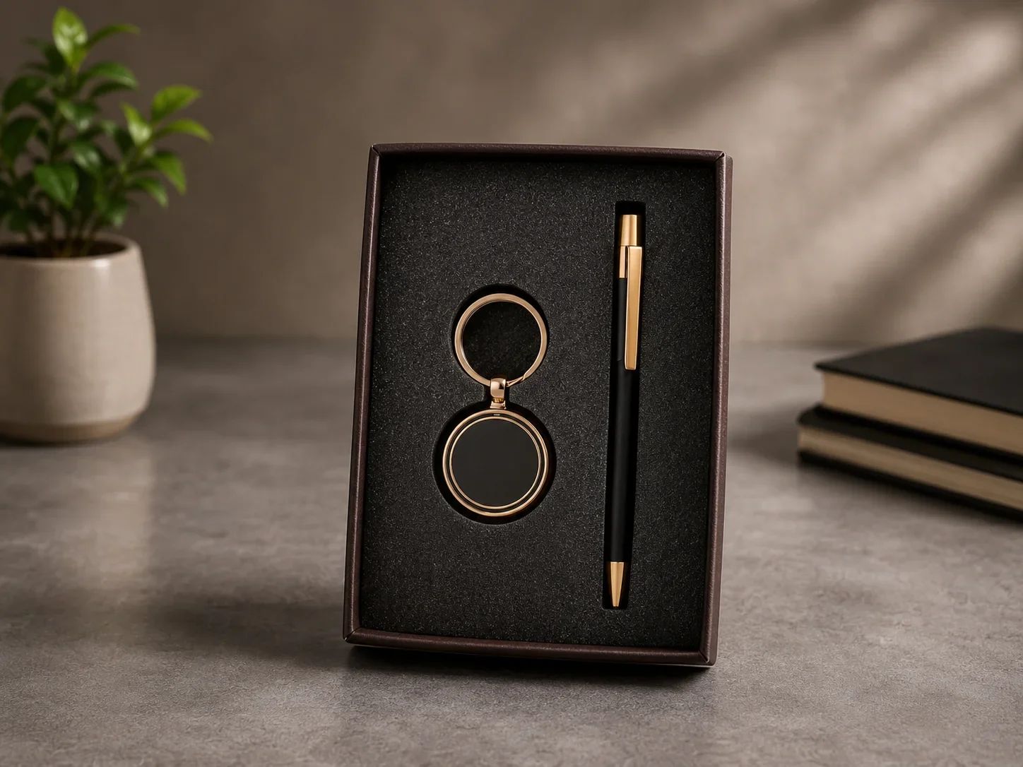 Executive Matte Black and Gold Pen with Circular Keyring Gift Set