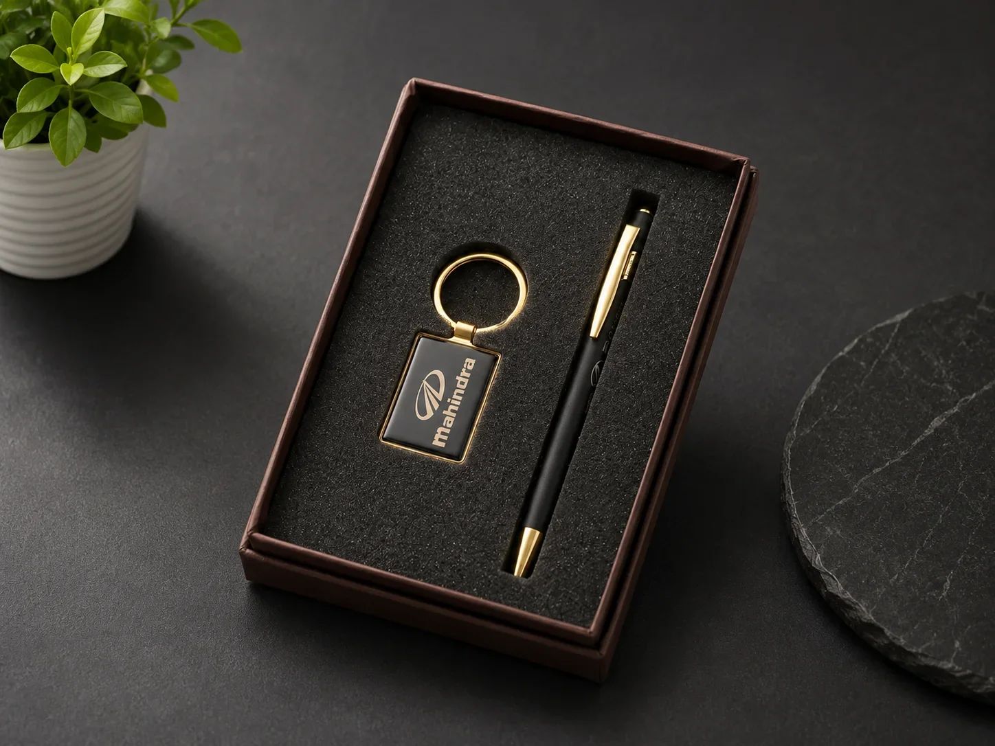 Custom Engraved Matte Black Pen and Rectangular Keyring Gift Set