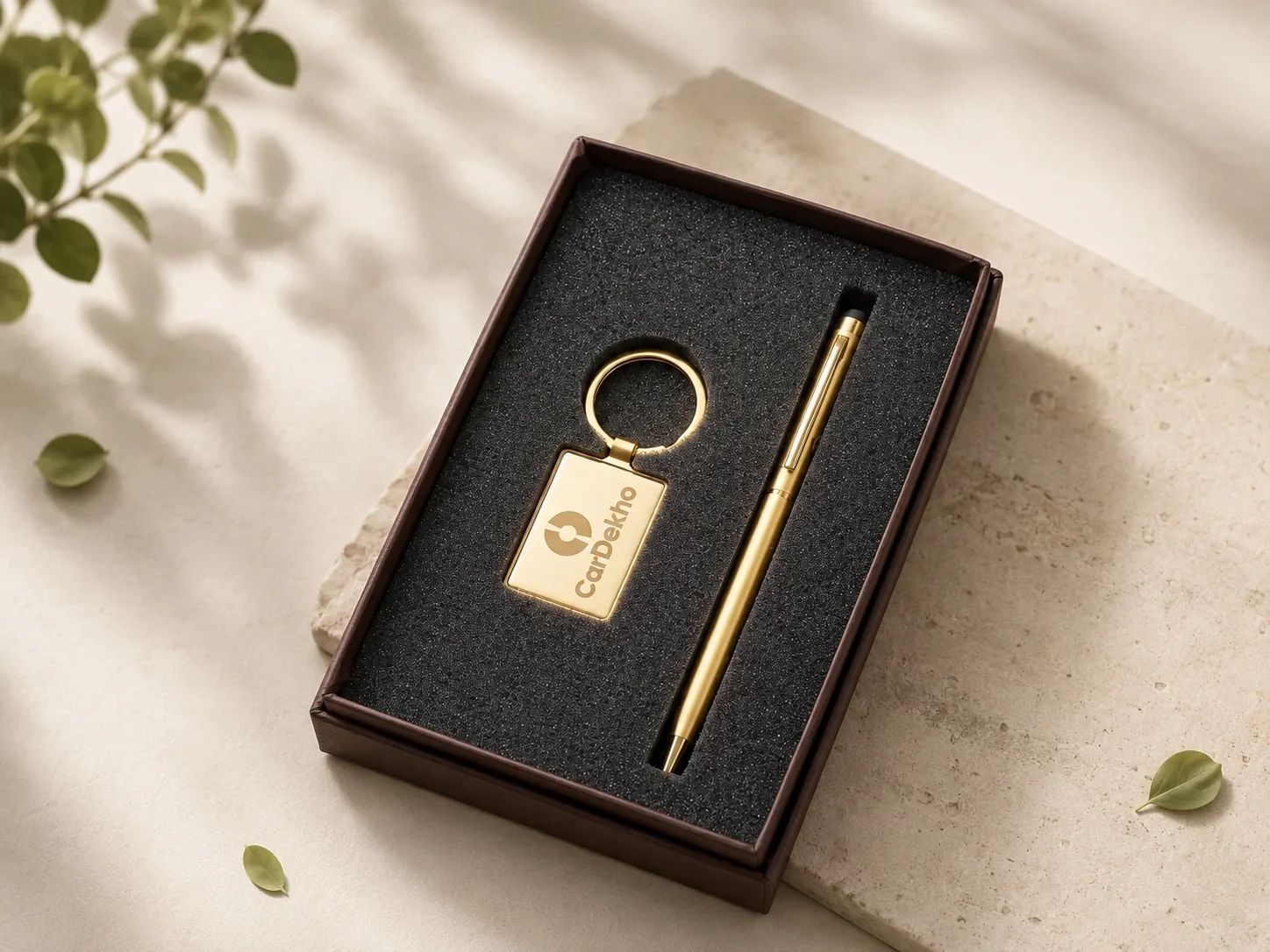 Metallic Gold Ballpoint Pen and Rectangular Keyring Gift Set