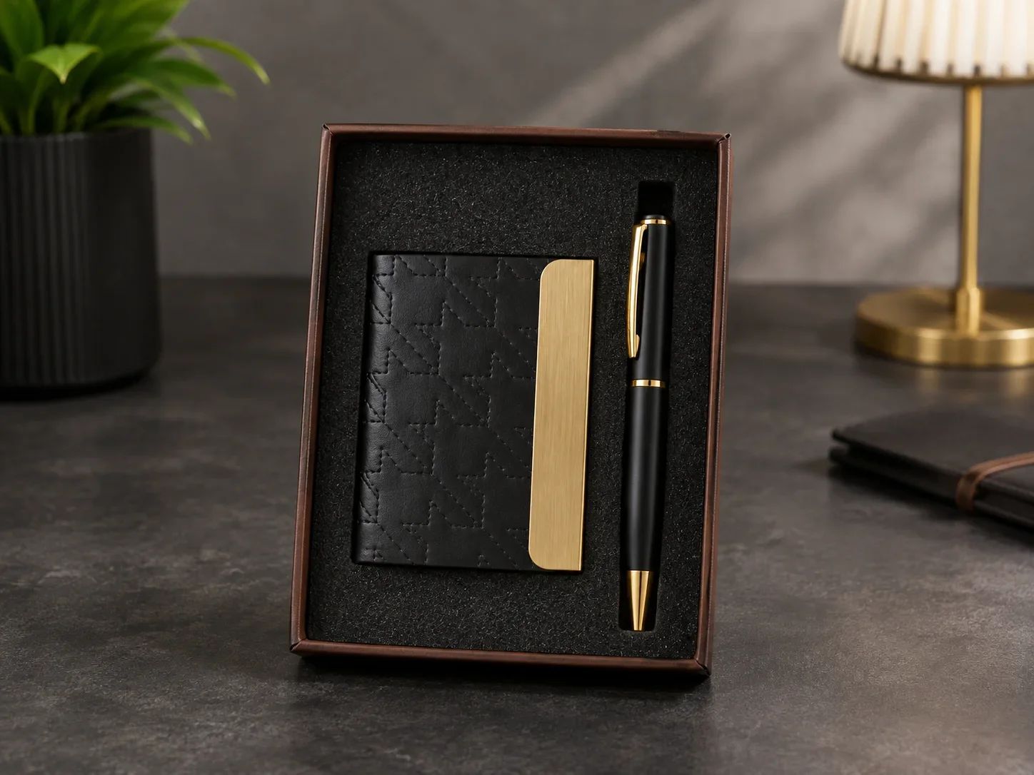 Patterned Black Leatherette Card Holder & Gold Accent Pen Gift Set