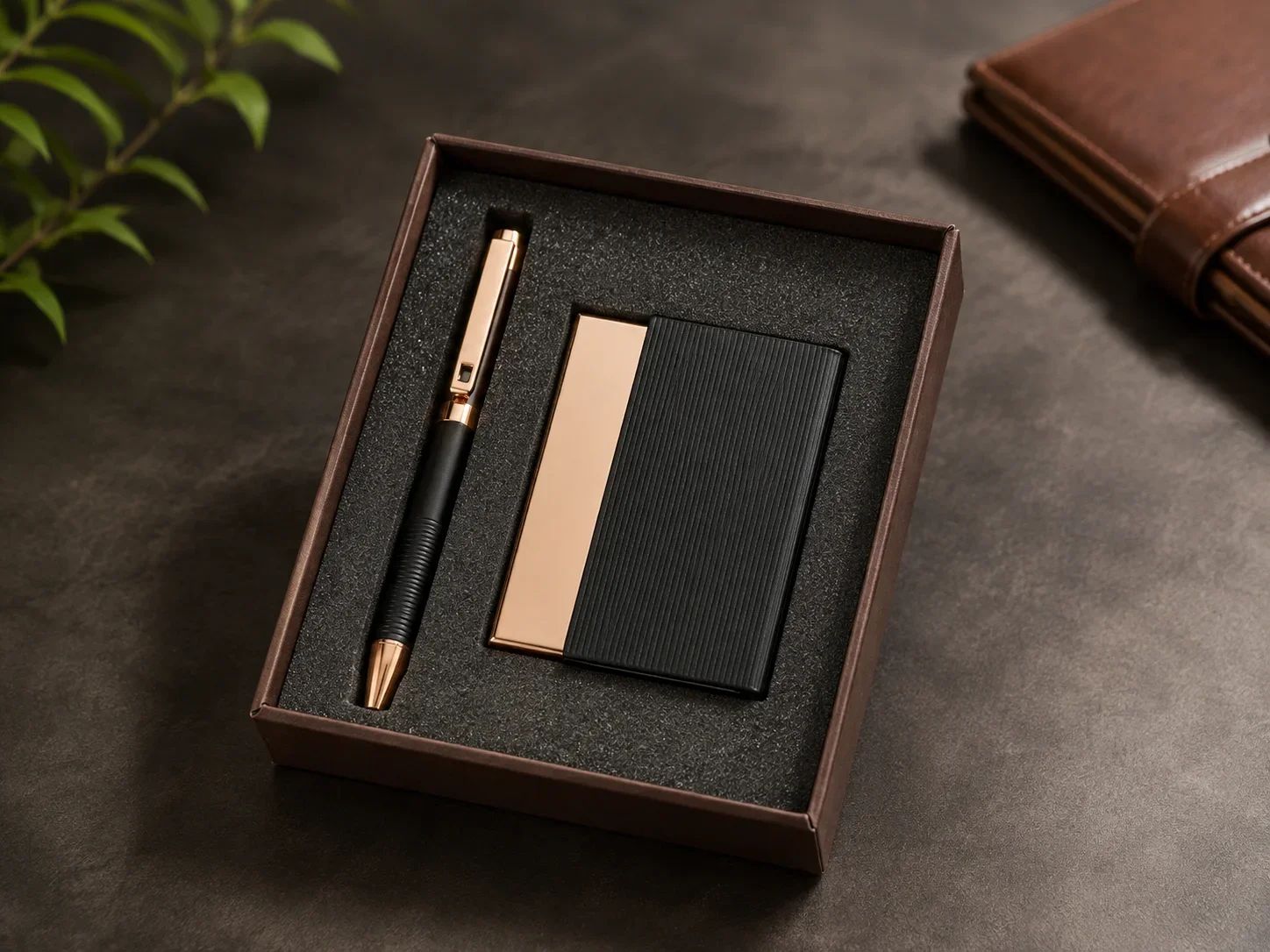 Textured Black and Copper-Gold Card Holder & Rollerball Pen Set