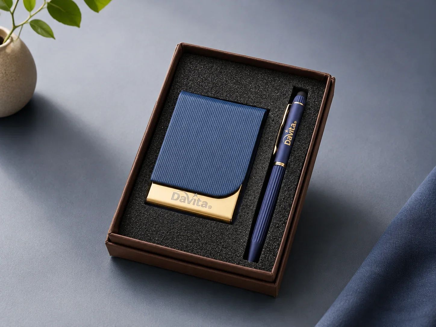 Navy Blue and Gold Textured Business Card Holder & Pen Set