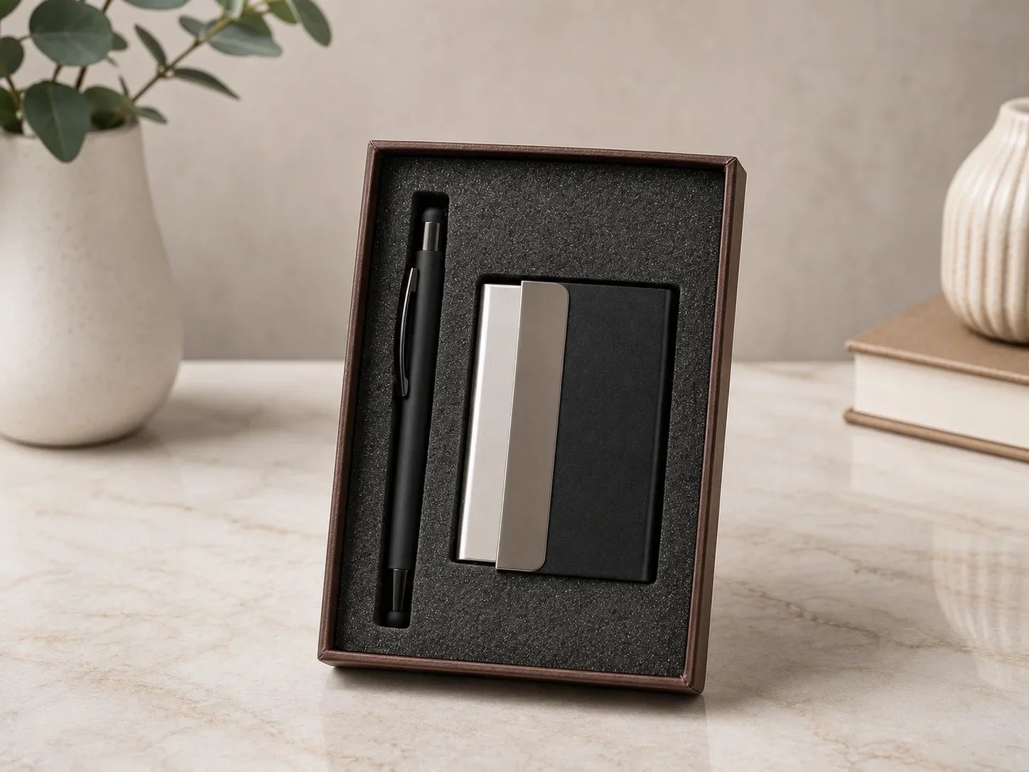 Matte Black and Brushed Silver Card Holder & Stylus Pen Set