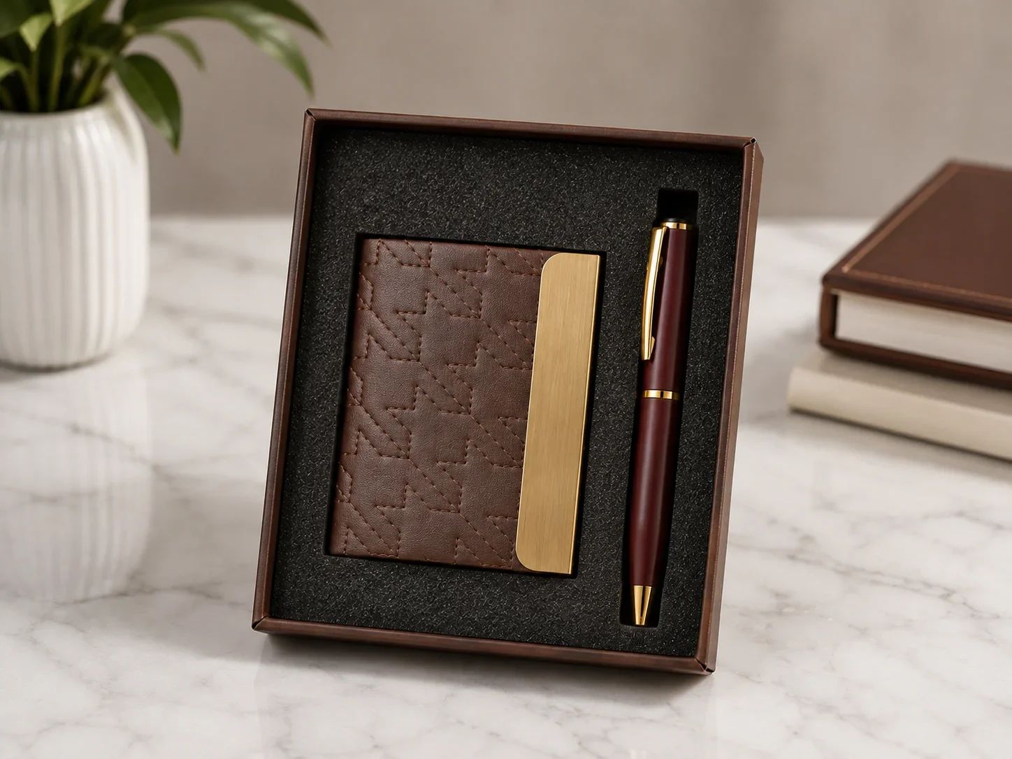 Patterned Brown Leatherette Card Holder & Maroon Pen Gift Set